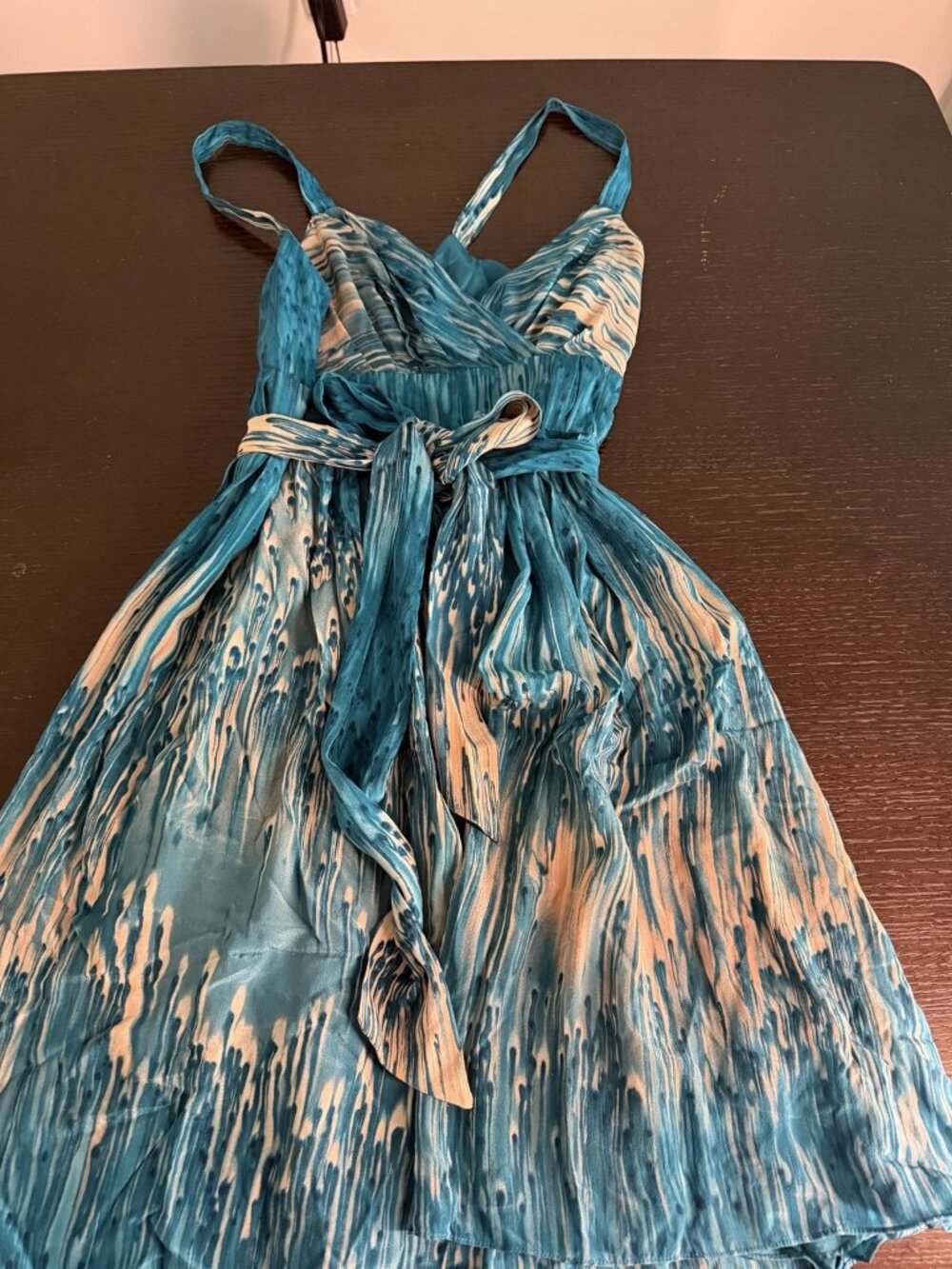 lil 100% silk Teal Abstract Print Tie Waist Dress Size 2